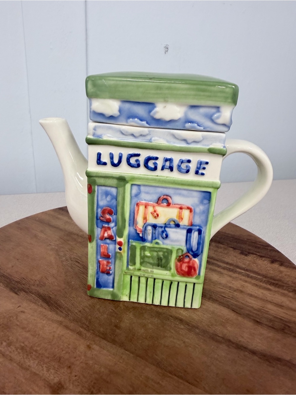Hand-Painted Luggage Shop Ceramic Teapot - Green and Blue